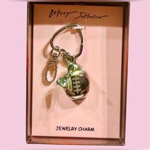 🏈BETSEY JOHNSON Football Sparkly Bow Key Fob Keychain Bag Charm Silver Tone